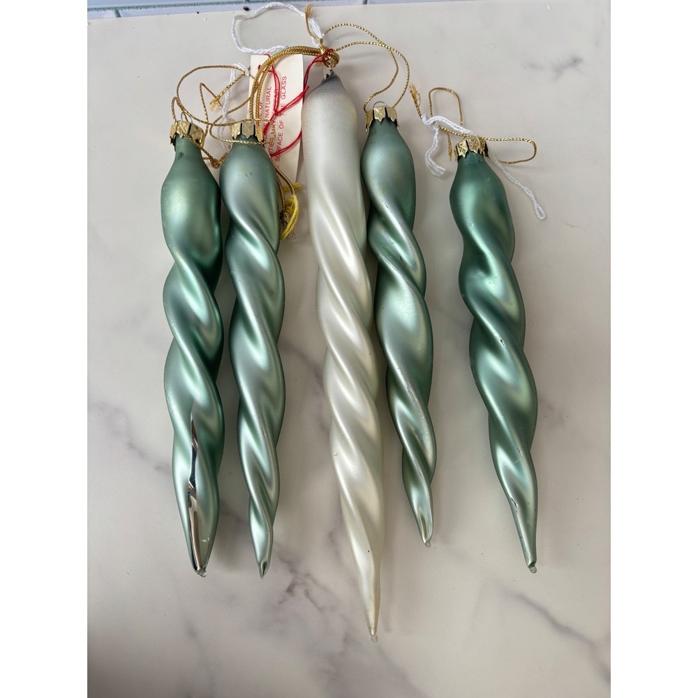 Dept 56 Handblown Glass Icicle Ornaments Set 5 Vtg Green‎ White Twisted Spiral